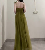 A-Line Olive Green Spaghetti Strap Tulle Long Prom Dress Sweet Birthday Evening Dress HZ1108