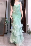 Gentle Mint Green Mermaid Spaghetti Strap Sequined Tulle Ball Dress Backless Evening Gown HZ1108