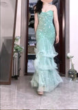 Gentle Mint Green Mermaid Spaghetti Strap Sequined Tulle Ball Dress Backless Evening Gown HZ1108