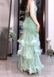 Gentle Mint Green Mermaid Spaghetti Strap Sequined Tulle Ball Dress Backless Evening Gown HZ1108