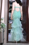 Gentle Mint Green Mermaid Spaghetti Strap Sequined Tulle Ball Dress Backless Evening Gown HZ1108