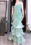 Gentle Mint Green Mermaid Spaghetti Strap Sequined Tulle Ball Dress Backless Evening Gown HZ1108