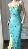 Vintage Spaghetti Strap Chiffon Sheath Ruffle Beaded Blue and Green Spliced Ball Dress Party Birthday Dress HZ1108