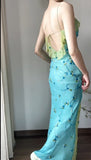 Vintage Spaghetti Strap Chiffon Sheath Ruffle Beaded Blue and Green Spliced Ball Dress Party Birthday Dress HZ1108