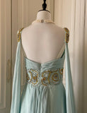 Vintage Tiffany Blue V-neck A-Line Beaded Chiffon Long Prom Dress Evening Dress Wedding Dress HZ1108