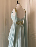 Vintage Tiffany Blue V-neck A-Line Beaded Chiffon Long Prom Dress Evening Dress Wedding Dress HZ1108