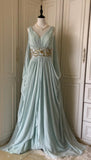 Vintage Tiffany Blue V-neck A-Line Beaded Chiffon Long Prom Dress Evening Dress Wedding Dress HZ1108