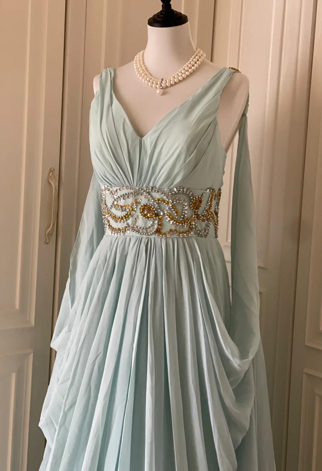 Vintage Tiffany Blue V-neck A-Line Beaded Chiffon Long Prom Dress Evening Dress Wedding Dress HZ1108