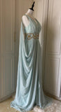 Vintage Tiffany Blue V-neck A-Line Beaded Chiffon Long Prom Dress Evening Dress Wedding Dress HZ1108