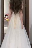 Gentle White Spaghetti Strap A-Line Tulle Sequin Long Prom Dress Simple Birthday Graduation Dress HZ1108