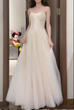 Gentle White Spaghetti Strap A-Line Tulle Sequin Long Prom Dress Simple Birthday Graduation Dress HZ1108