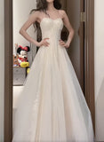 Gentle White Spaghetti Strap A-Line Tulle Sequin Long Prom Dress Simple Birthday Graduation Dress HZ1108