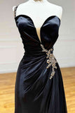 Black Rhinestone One Shoulder A Line Prom Dress with Slit HZ1108