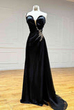 Black Rhinestone One Shoulder A Line Prom Dress with Slit HZ1108
