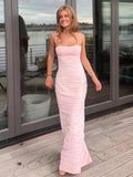 Elegant Mermaid Spaghetti Straps Floor Length Sleeveless Pink Prom Dress HZ1108
