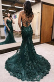 Dark Green Mermaid Spaghetti Straps Tulle Sequins Long Prom Dress With Appliques Evening Gown HZ1108