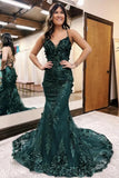 Dark Green Mermaid Spaghetti Straps Tulle Sequins Long Prom Dress With Appliques Evening Gown HZ1108