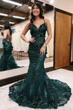 Dark Green Mermaid Spaghetti Straps Tulle Sequins Long Prom Dress With Appliques Evening Gown HZ1108