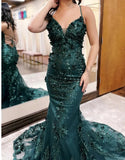 Dark Green Mermaid Spaghetti Straps Tulle Sequins Long Prom Dress With Appliques Evening Gown HZ1108
