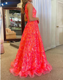 Unique A-Line One Shoulder Sequin Lace Long Prom Dresses Floor Length Sparkly Evening Dress HZ1108