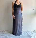 Sparkling Gradient Dark Gray Halter Neck Ruffle Sheath Prom Dress Birthday Dress HZ1108