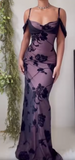 Unique Purple Satin Bodycon Dress Black Tulle Spaghetti Strap Ball Dress Birthday Dress HZ1108