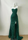 Elegant Dark Green Sweetheart Neck Mermaid Long Prom Dress Sequin Strapless Formal Evening Dress HZ1108