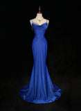 Royal Blue Elegant Mermaid Satin Spaghetti Strap Long Prom Dress Beaded Formal Evening Gown HZ1108