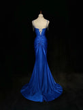 Royal Blue Elegant Mermaid Satin Spaghetti Strap Long Prom Dress Beaded Formal Evening Gown HZ1108
