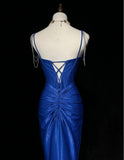 Royal Blue Elegant Mermaid Satin Spaghetti Strap Long Prom Dress Beaded Formal Evening Gown HZ1108