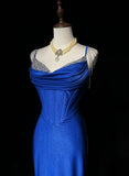 Royal Blue Elegant Mermaid Satin Spaghetti Strap Long Prom Dress Beaded Formal Evening Gown HZ1108