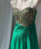 Vintage Green Spaghetti Strap Chiffon A-Line Sequin Rhinestone Prom Dress Beautiful Bridal Dress HZ1108