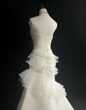 Stunning White Strapless Mermaid Organza Long Prom Dress Simple Wedding Dress HZ1108