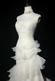 Stunning White Strapless Mermaid Organza Long Prom Dress Simple Wedding Dress HZ1108