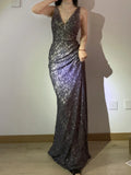 Unique V Neck Lace Sheath Long Prom Dress Sparkling Party Dress HZ1108