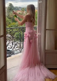 Sweet Pink Bodycon Dress Strapless Applique Tulle Long Prom Dress HZ1108