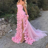 Sweet Pink Bodycon Dress Strapless Applique Tulle Long Prom Dress HZ1108