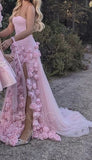 Sweet Pink Bodycon Dress Strapless Applique Tulle Long Prom Dress HZ1108