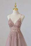 Pink Tulle Long A-Line Prom Dress, Pink Spaghetti Formal Dress with Beaded HZ1108