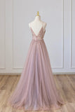 Pink Tulle Long A-Line Prom Dress, Pink Spaghetti Formal Dress with Beaded HZ1108