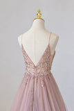Pink Tulle Long A-Line Prom Dress, Pink Spaghetti Formal Dress with Beaded HZ1108
