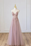 Pink Tulle Long A-Line Prom Dress, Pink Spaghetti Formal Dress with Beaded HZ1108