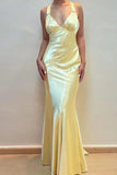 Simple Sheath V Neck Yellow Long Backless Prom Dress Sleeveless Party Dress HZ1108