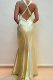Simple Sheath V Neck Yellow Long Backless Prom Dress Sleeveless Party Dress HZ1108