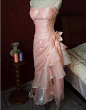 Sweet Blush Pink Spaghetti Straps Sleeveless Chiffon Prom Dress Vintage Birthday Evening Dress HZ1108