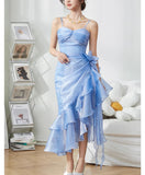 Sweet Blush Pink Spaghetti Straps Sleeveless Chiffon Prom Dress Vintage Birthday Evening Dress HZ1108