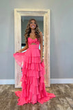 Cute Hot Pink A-Line Strapless Chiffon Long Prom Dress Layered Slit Sleeveless Evening Gown HZ1108
