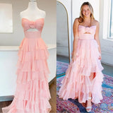 Cute Hot Pink A-Line Strapless Chiffon Long Prom Dress Layered Slit Sleeveless Evening Gown HZ1108