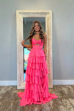 Cute Hot Pink A-Line Strapless Chiffon Long Prom Dress Layered Slit Sleeveless Evening Gown HZ1108