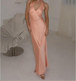 Sexy V-neck Sheath Halter Satin Backless Long Prom Dress Pretty Evening Dress HZ1108
